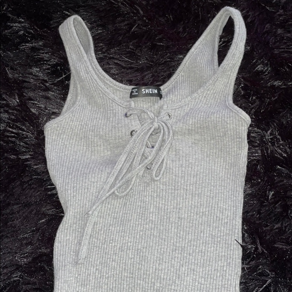 Grey Lace Up Ribbed Bodysuit